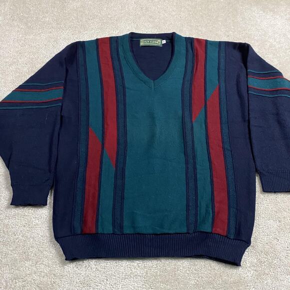 VTG Gilt Edge Sweater Mens M Navy Teal V Neck Wool Britain 90s Textured Grandpa - Picture 1 of 8